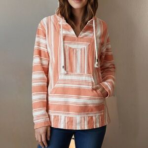 Natural Reflections 100% Cotton Boho Peach Striped Baja Hoodie Poncho Size Small